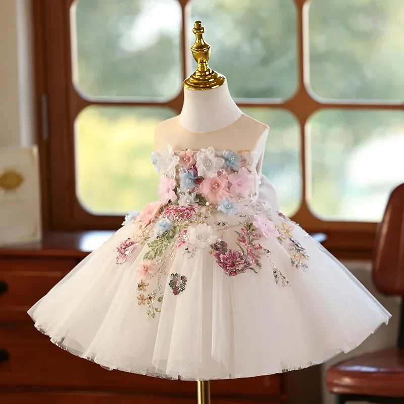 Girls Dress Handmade Floral Sleeveless Princess Gown Wedding Performance Outfit Birthday Flower Kid Dresses Easter Party Clothes