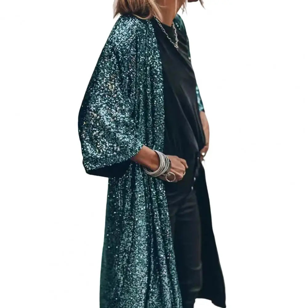 Women Coat Comfy Loose Outerwear Outwear Windproof  Stylish Shining Sequins Cardigan Jacket Top