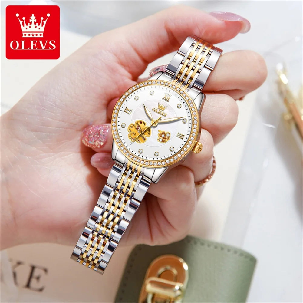 OLEVS 6706 Woman Watch Hollowed Flower Automatic Mechanical Wristwatch for Women Elegant Luxury Brand Ladies Waterproof Watches