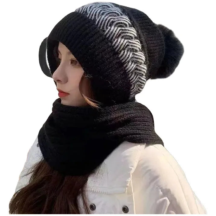 Woolen hat for women, versatile in autumn and winter, Korean version, trendy and warm knit hat with thick velvet and scarf, one-