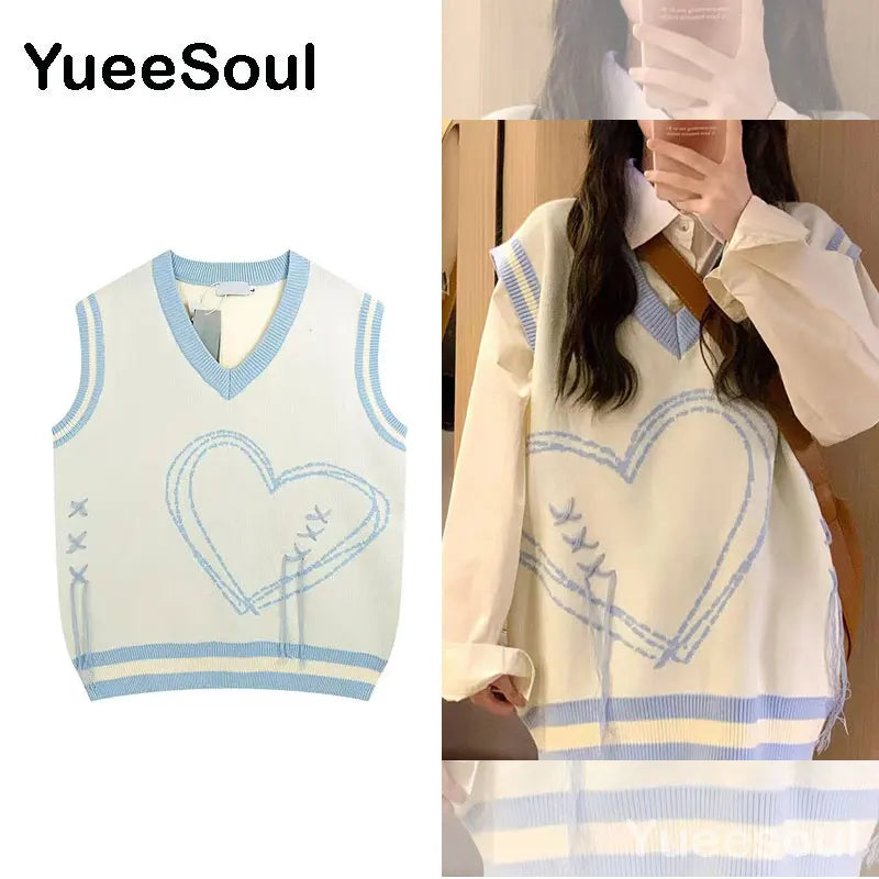 Sweet Kawaii Sweater Vest Printed Sleeveless Casual Outerwear Knitted Waistcoat 2023 Vintage Y2K Spring  E Girl Pullovers Tops