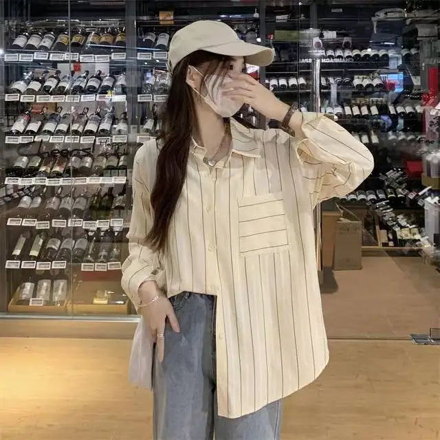 Striped Shirts & Blouses For Women Elegant Chic High Quality Clothing Trend 2025 Pretty Promotion Youth Cool Button Up Woman Top