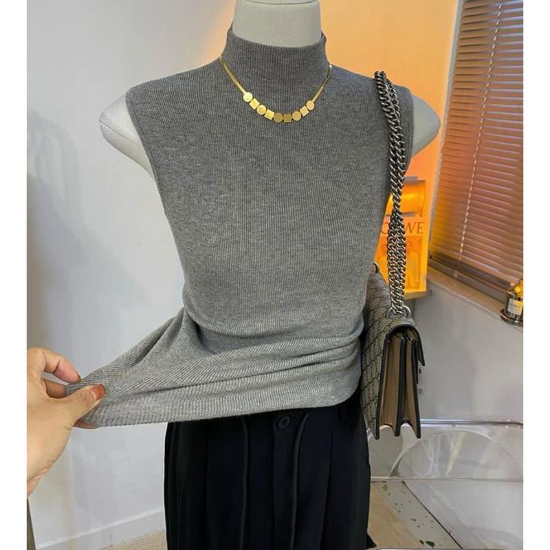 Sweater Vests Women Simple Half High Collar Fashion Autumn Basic Slim Sleeveless Sweaters All-match Ulzzang Leisure Knitting Ins