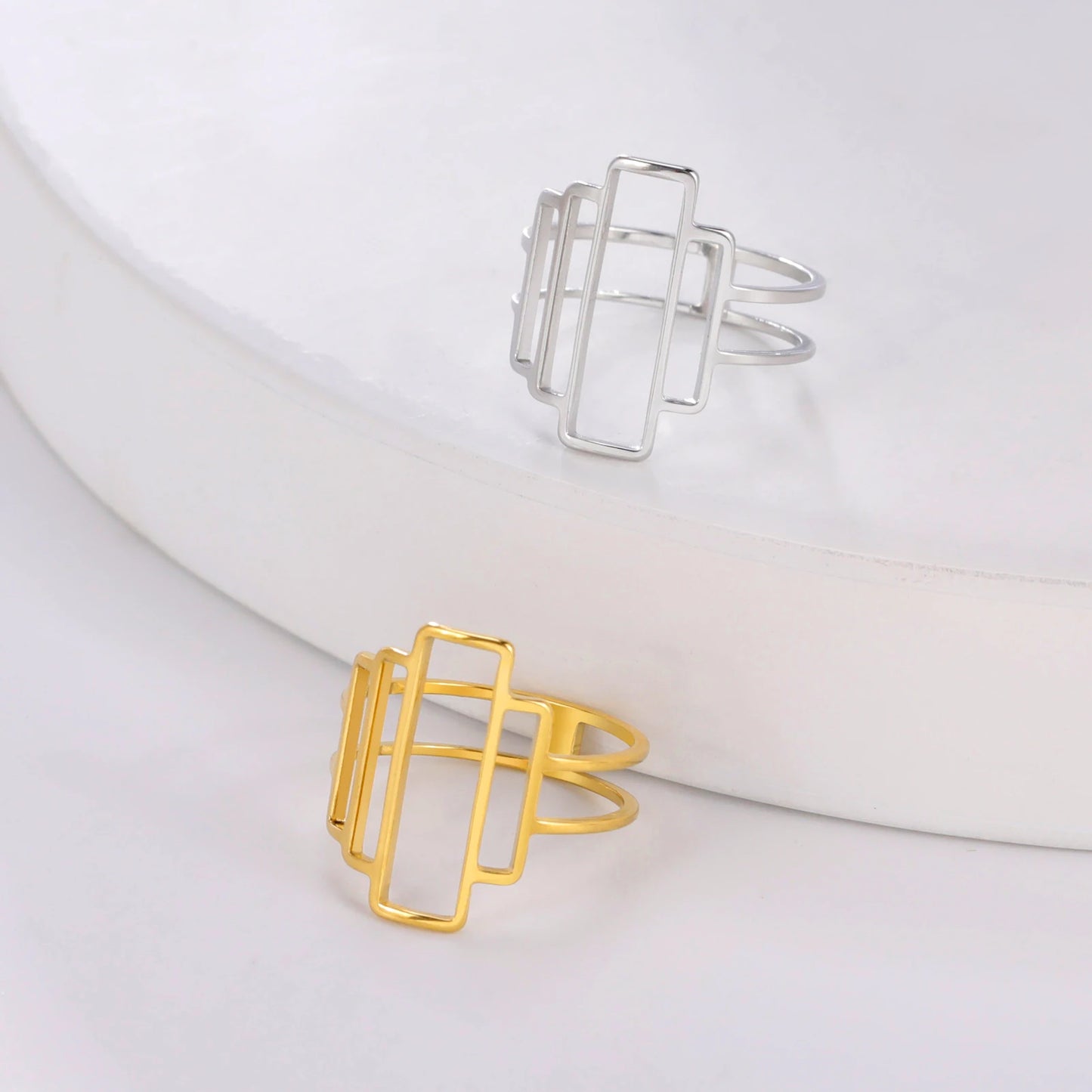 Fashionable and minimalist rectangular geometric ring with hollowed out lines geometric building ring minimalist couple ring