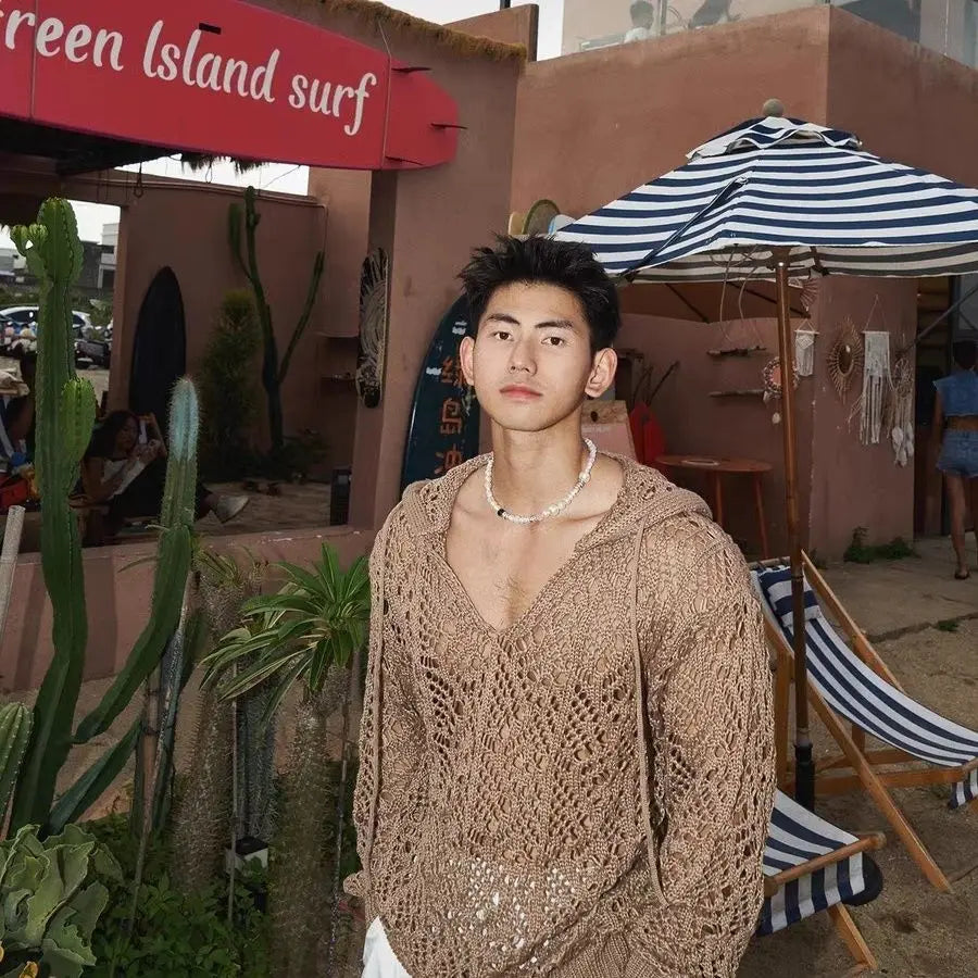 Men Sweater Knitted Hollow Out Sexy Hooded Hoodie Pullover Streetwear Long Sleeve Tops Spring Autumn Coat Man Clothes Trendy New