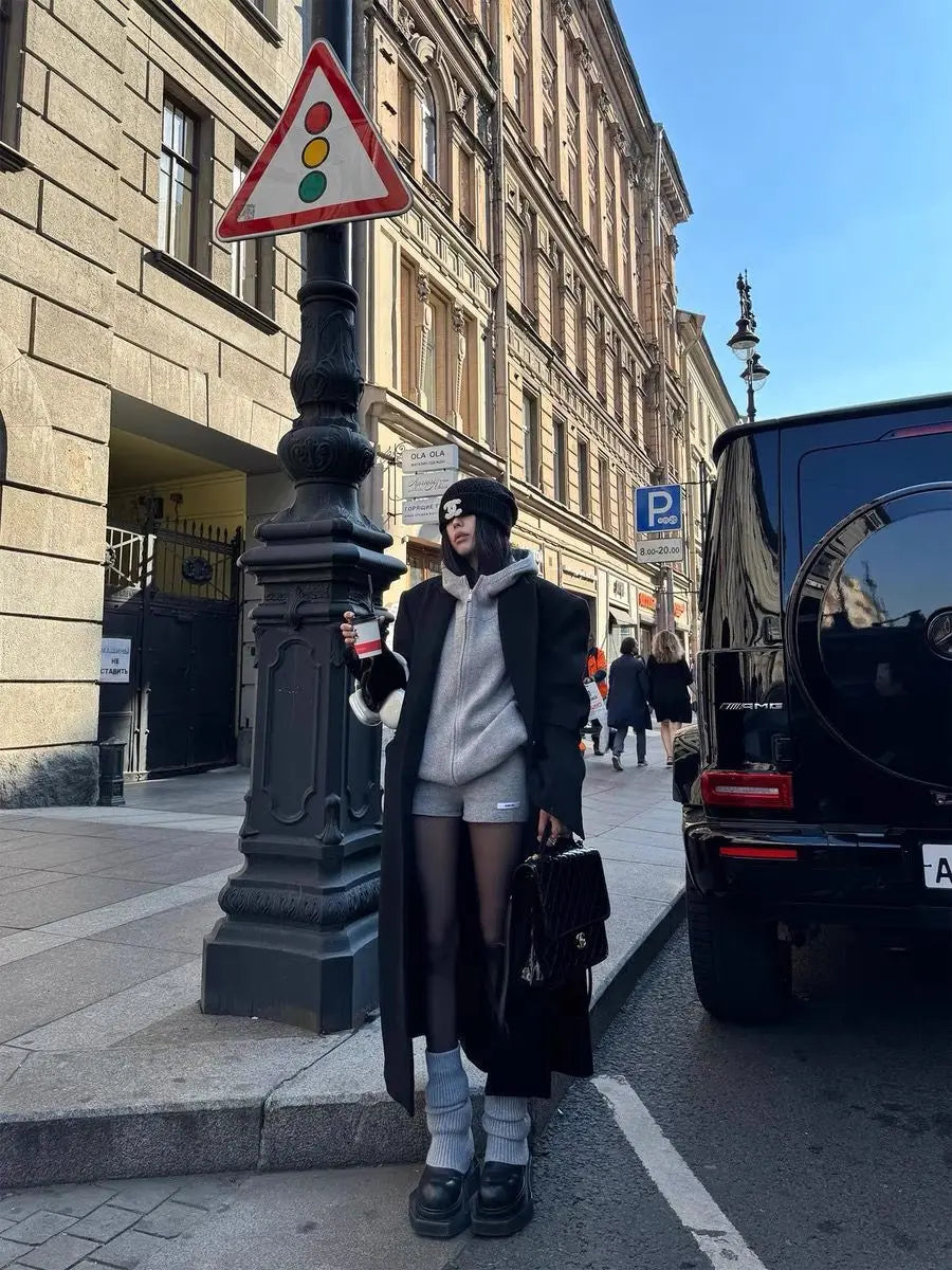 Sweater Set Women American Vintage Hooded Long Sleeve Cardigan Straight Shorts Grey Two Piece Outfit Fall Winter Streetwear Set