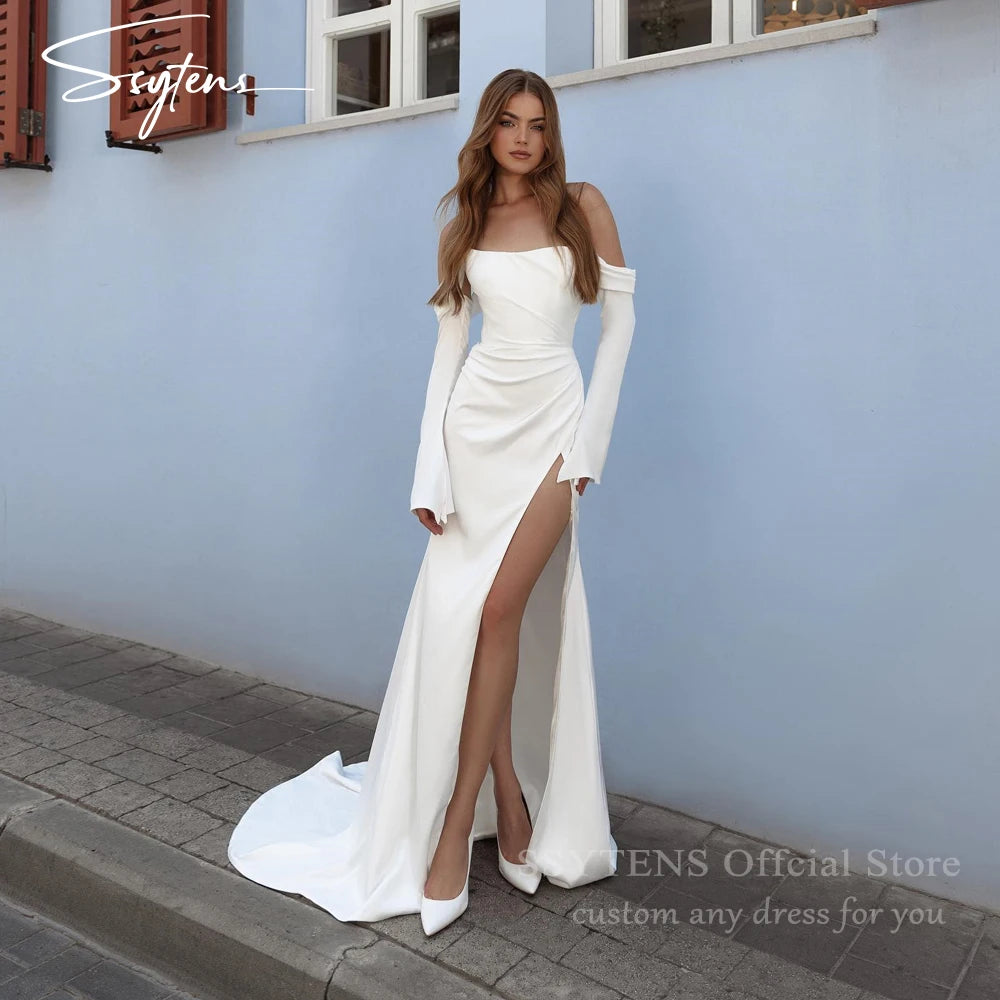 Beach Wedding Dresses For Bride Removable Long Sleeves Mermaid Wedding Gowns for Bride High Slit Custom Princess Bridal Gown