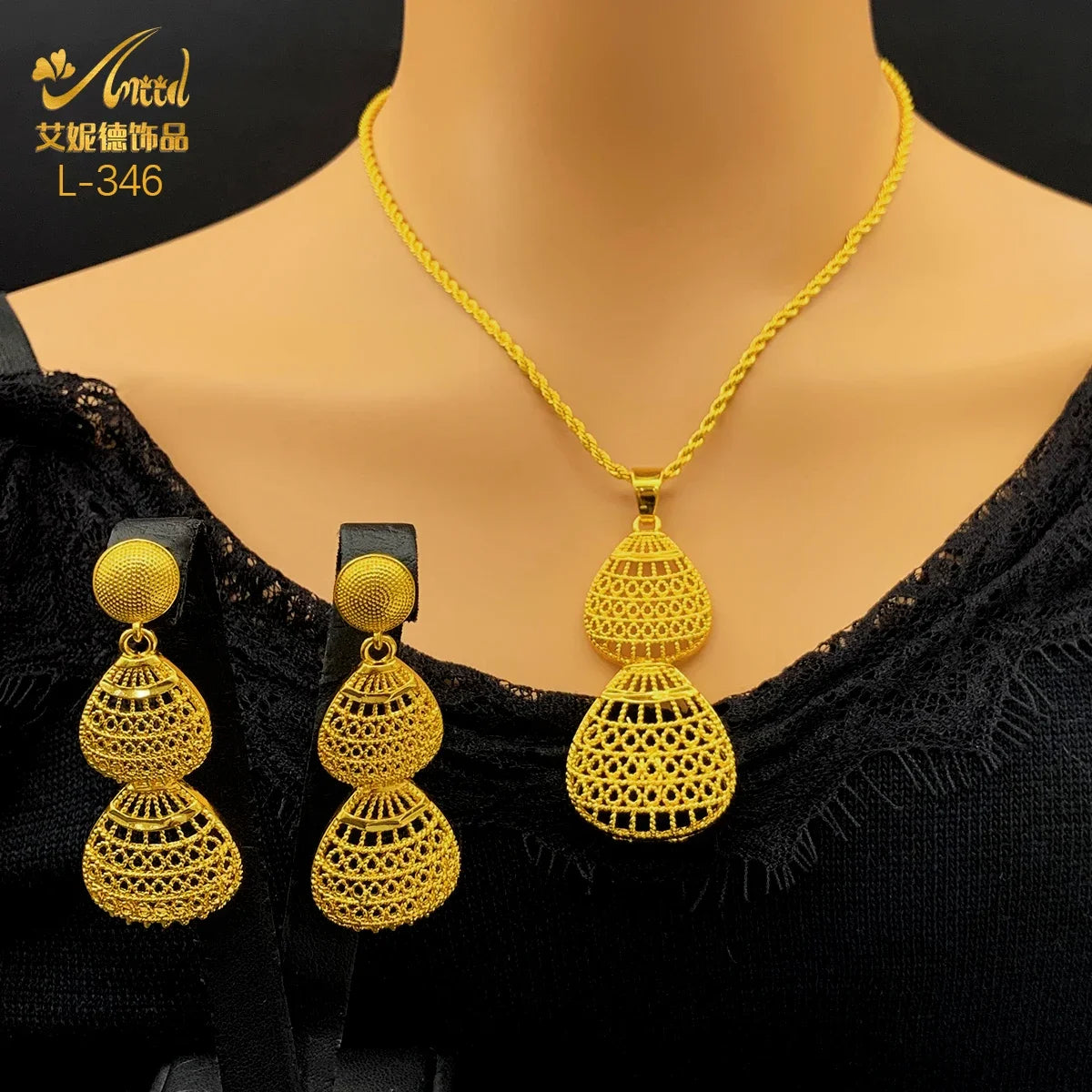 Ethiopian Jewelry Sets for Women Droplet Pendant Necklaces Earrings Two Pieces Set 24K Gold Color Eritrean Wedding Party Gifts