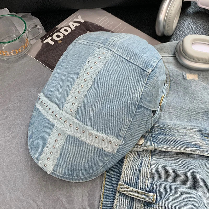 Women's Balck Hats Large Cap Retro Black Denim Riveted Washed Aged Beret American Hat Trend  Chapeau Vintage Hot Girl Y2k Hats