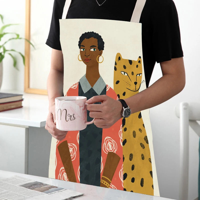 Kitchen Apron Modern Girl Plants Pattern Linen Aprons for Women Men Household Cleaning Apron Cooking Baking Accessories