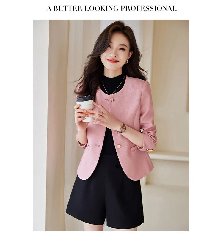 High quality blazer for women short jacket single breasted O neck spring autumn elegant office clothes pink yellow blue white