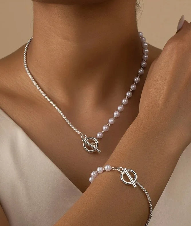 Stainless Steel Jewelry Set Fashion Elegant Design Splicing Pearl Chain Light Luxury Pendant Jewelry Set for Women Бижутерия