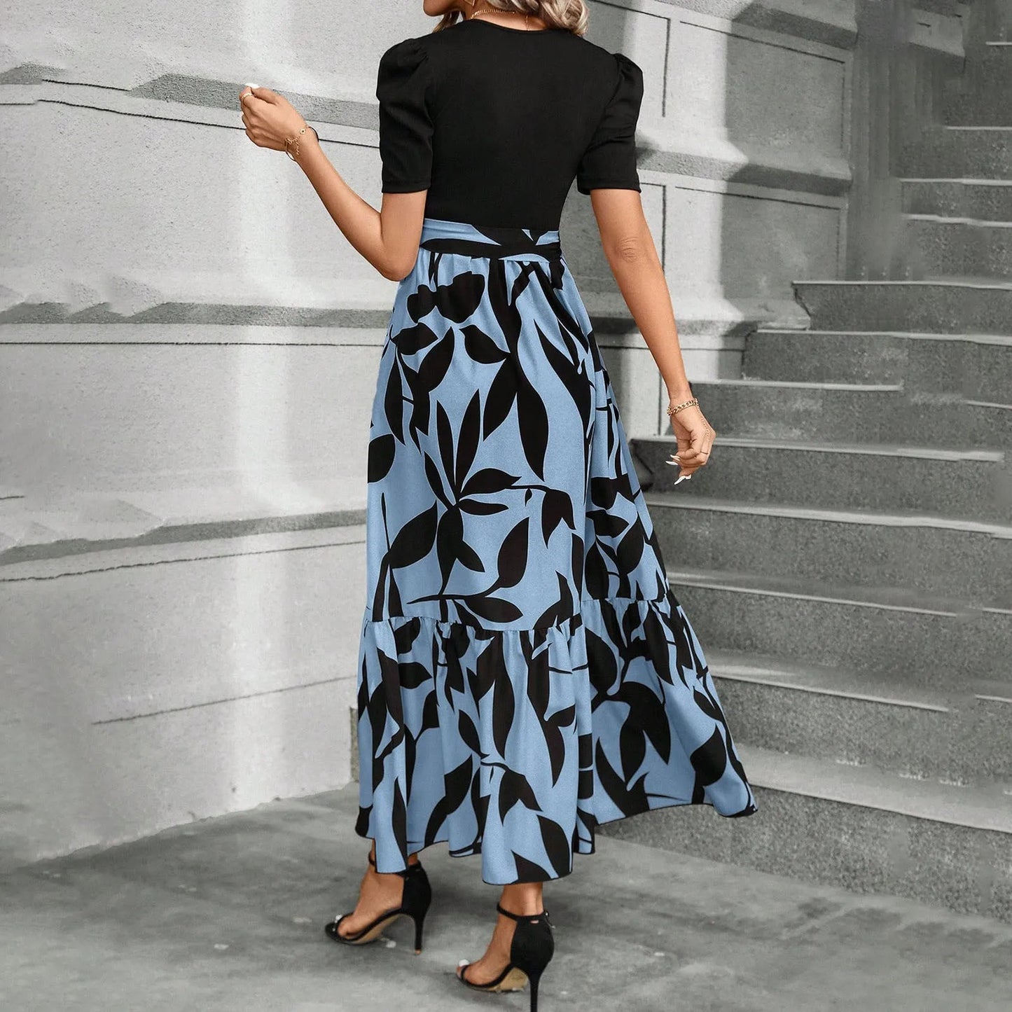Elegant Women'S Dresses Floral Print High Waist Long Dresses Y2k Short Sleeved Round Neck Office Clothing Vestidos Para Mujer