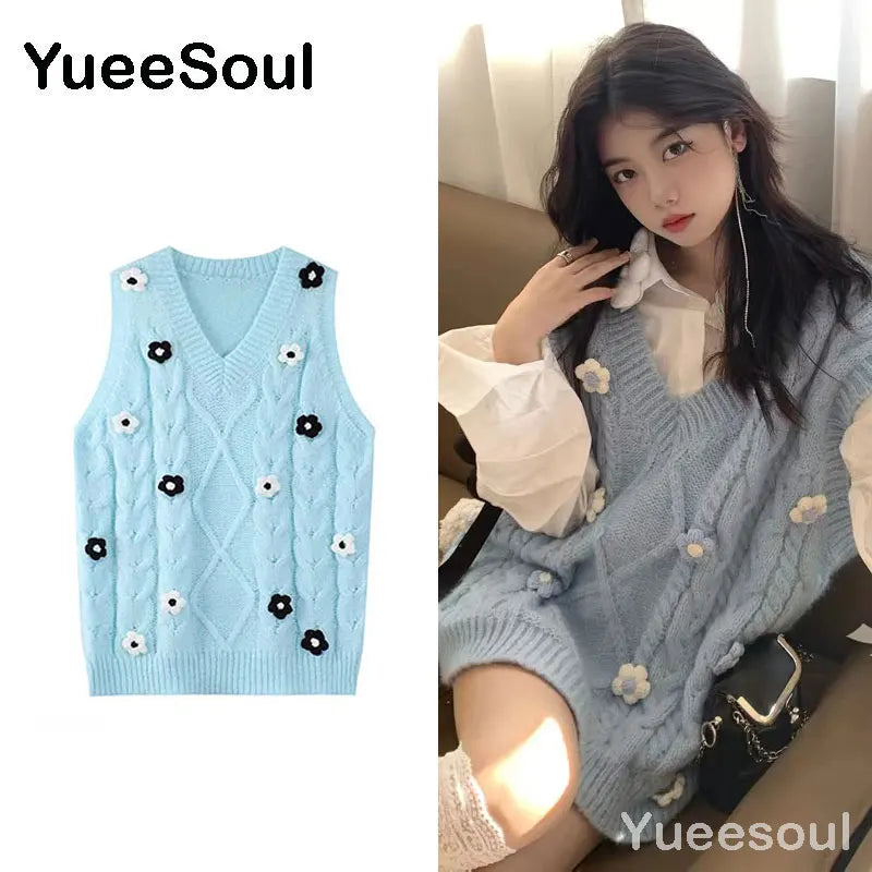 Sweet Kawaii Sweater Vest Printed Sleeveless Casual Outerwear Knitted Waistcoat 2023 Vintage Y2K Spring  E Girl Pullovers Tops