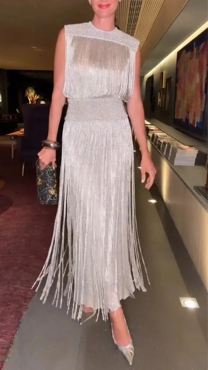 Two Piece Sets Fashion Sequin Fringed Dress for Women Streetwear Glitter Sleeveless Party Gown Elegant O-neck Long Dresses