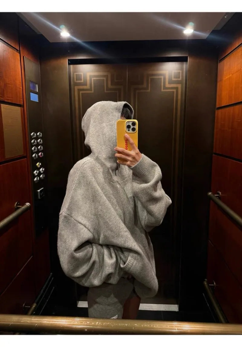 Sweater Set Women American Vintage Hooded Long Sleeve Cardigan Straight Shorts Grey Two Piece Outfit Fall Winter Streetwear Set