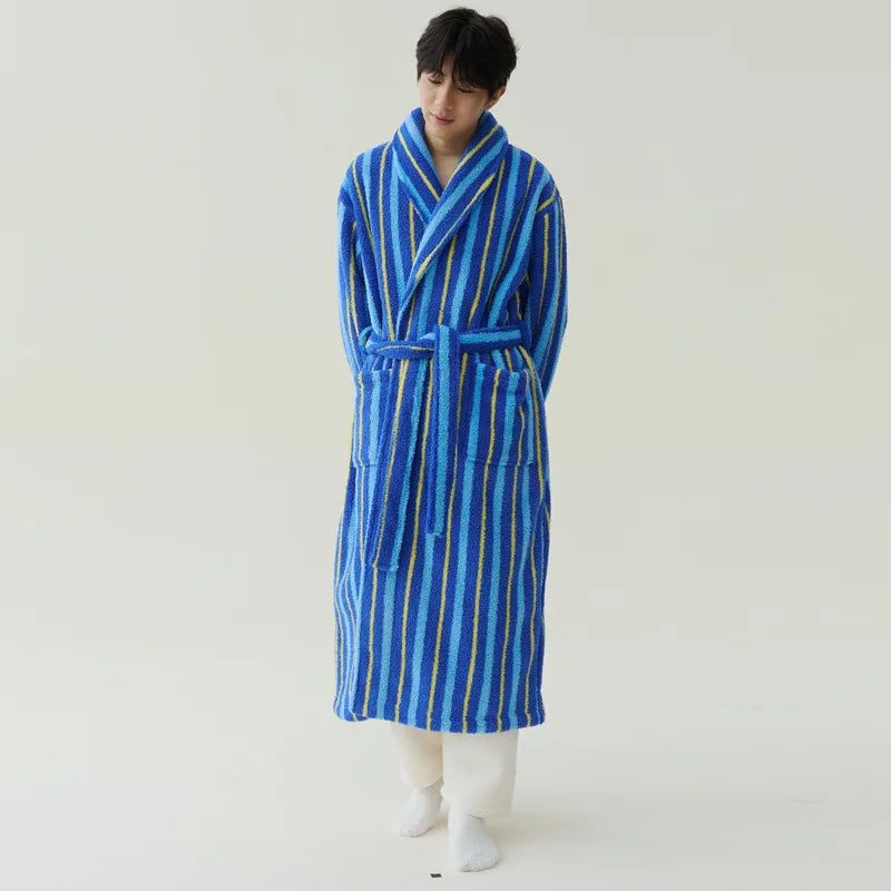 2025 New Autumn/Winter Women's Sleepwear Thick Velvet Warm Robe Couple Coral Velvet Striped Lengthed Home Clothes Bathrobe