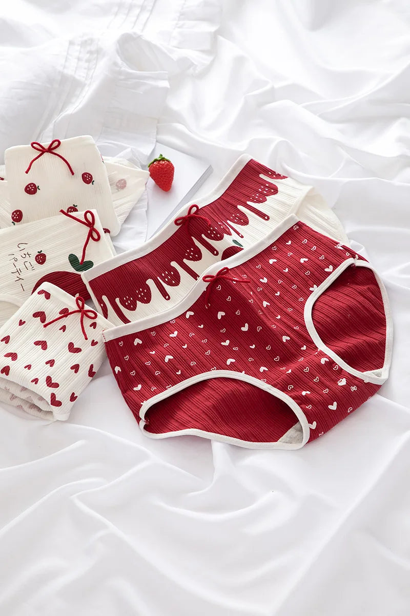 Cotton Panties Female Underpants Sexy Women Underwear Soft Lingerie Lace Up Briefs Strawberry Hearted Printed Pantys