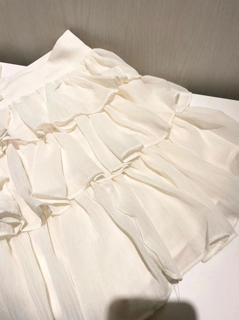 Skirts Sets Women Summer Slim Solid Irregular Skew Collar Ladies Long Sleeve T Shirt Fashion Chic Sweet Ruffles Ball Gown New