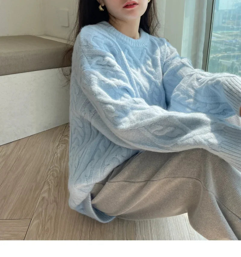 Sweater Woman Winter 2023 Round Neck Bottoming Twist Sweater Lazy Wind Loose Casual Knit Pullover Long Sleeve Pullover Jumper