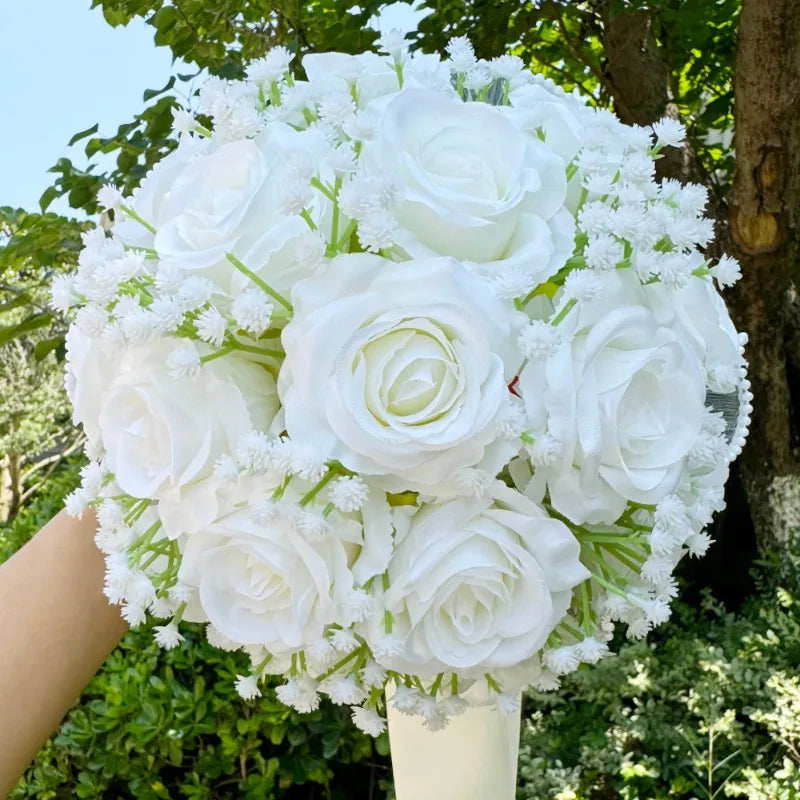 Wedding Bouquets for Bride Babysbreath Rose Bridesmaid Bouquets Silk Ribbon Valentine's Day Decoration Pearl Lace Mesh Ball Gift