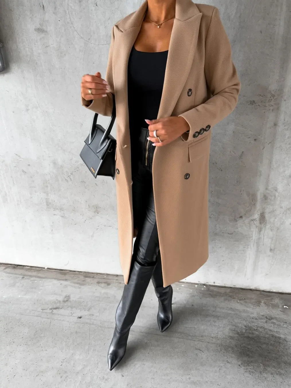 Women Double Breasted Woolen Outerwear Solid Color Long Overcoat Commuter Style Turndown Collar Lady Outerwear for Autumn Winter
