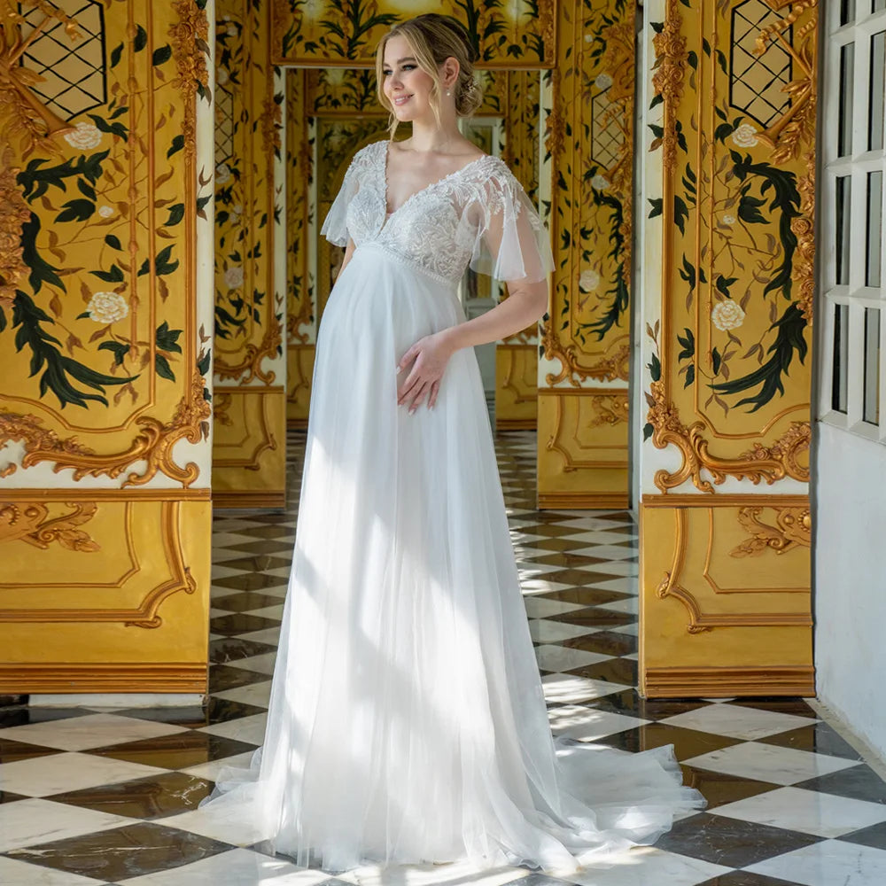 Pregnant Bride Wedding Dress Customized V Neck Flare Sleeves Beading Applique Tulle A Line Sweep Train Corset Bridal Gown