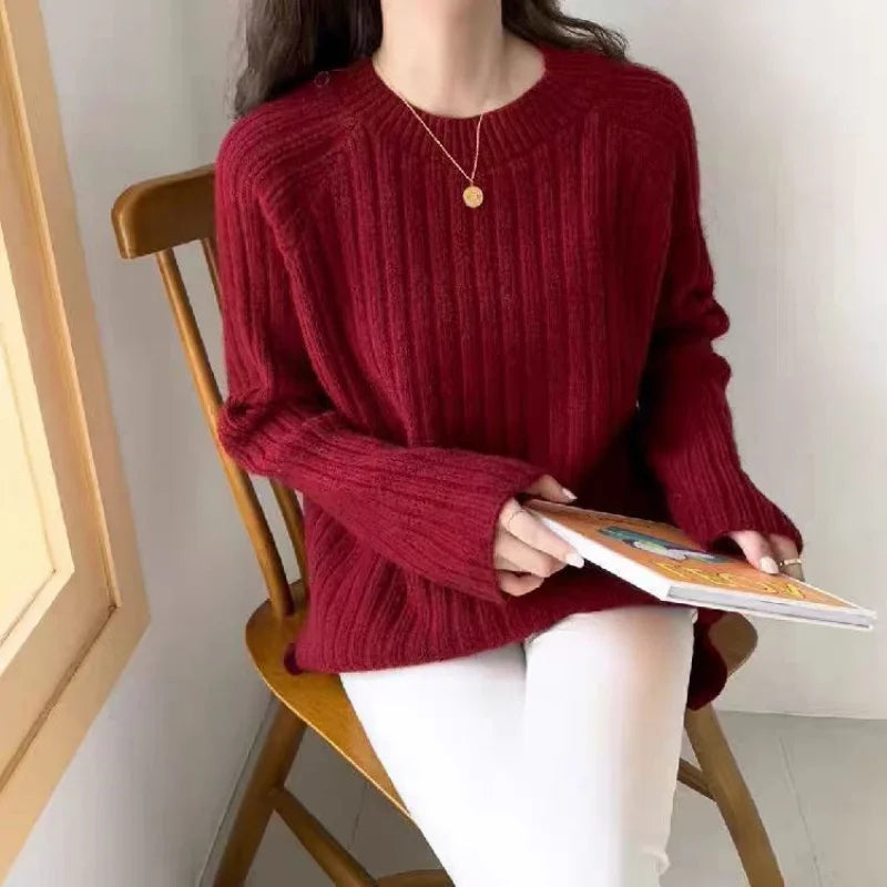 Sweater Women Autumn Winter Loose Wear 2025 Hot Selling 100%High-Density Knitted Pure Wool Sweater Solid Color Base Pullover Top