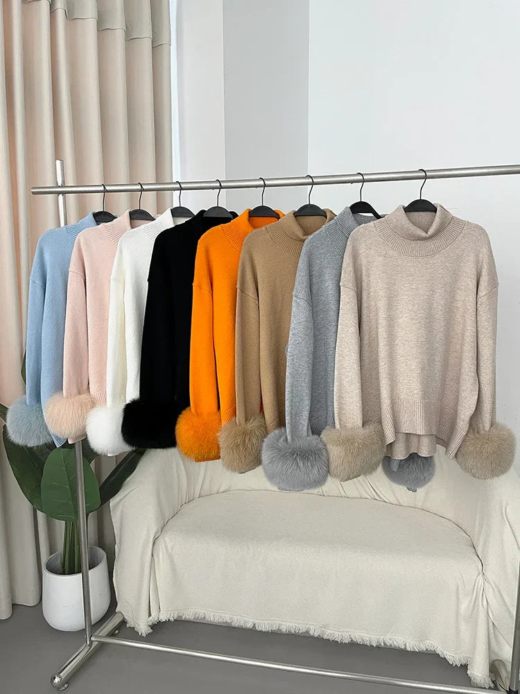 Sweater Women 2024 Autumn Winter Fashionable Sweaters with Real Fox Fur Sleeves Slim Fit Sweaters Fur Knitwear England Style