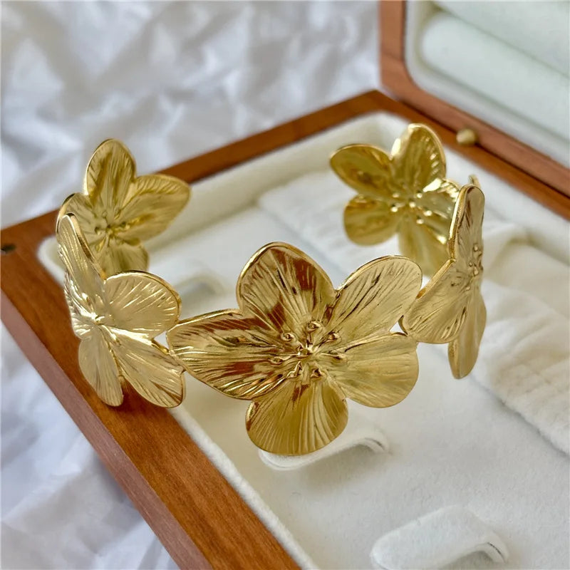 Bohemian Flower Bangles For Women Stainless Steel Wide Bracelet Chunky Flora Cuff Bangle Couple Jewelry Valentine's Day Gifts