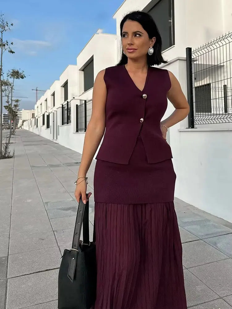 HH 2025 Women Skirt Set Wine Red Knitted V-Neck Sleeveless Slim Vest +Solid High Waist Zipper Patchwork Long Skirt Street