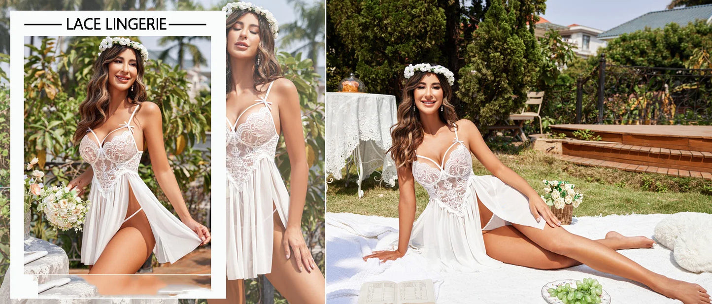 New Sexy Nightgown White Lace Babydoll Set Women's Romantic Sheer Floral Lingerie Flowy Skirt Chemise Mini Dress Hot Sale Nighty