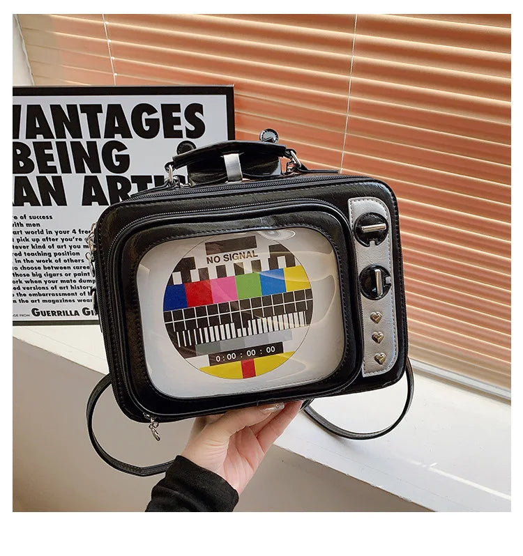 Cartoon Cute Handbags for Women Funny Retro TV Transparent Square Bag Fashion Leather Personalized Creative Shoulder Bag Woman