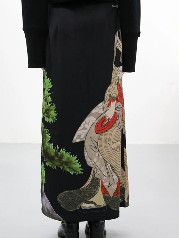 Skirts Women Cool Design Side-Slit Retro Leisure Simple Chinese Style Print All-match Comfortable High Waist Fashion Streetwear
