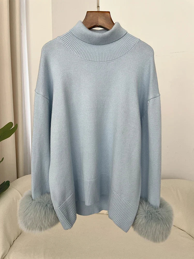 Sweater Women 2024 Autumn Winter Fashionable Sweaters with Real Fox Fur Sleeves Slim Fit Sweaters Fur Knitwear England Style