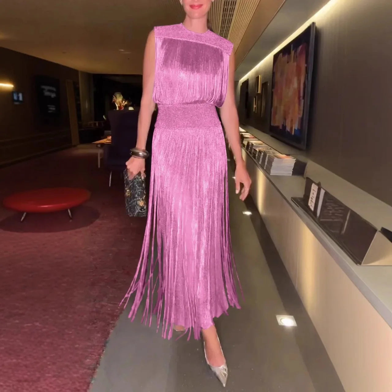 Two Piece Sets Fashion Sequin Fringed Dress for Women Streetwear Glitter Sleeveless Party Gown Elegant O-neck Long Dresses