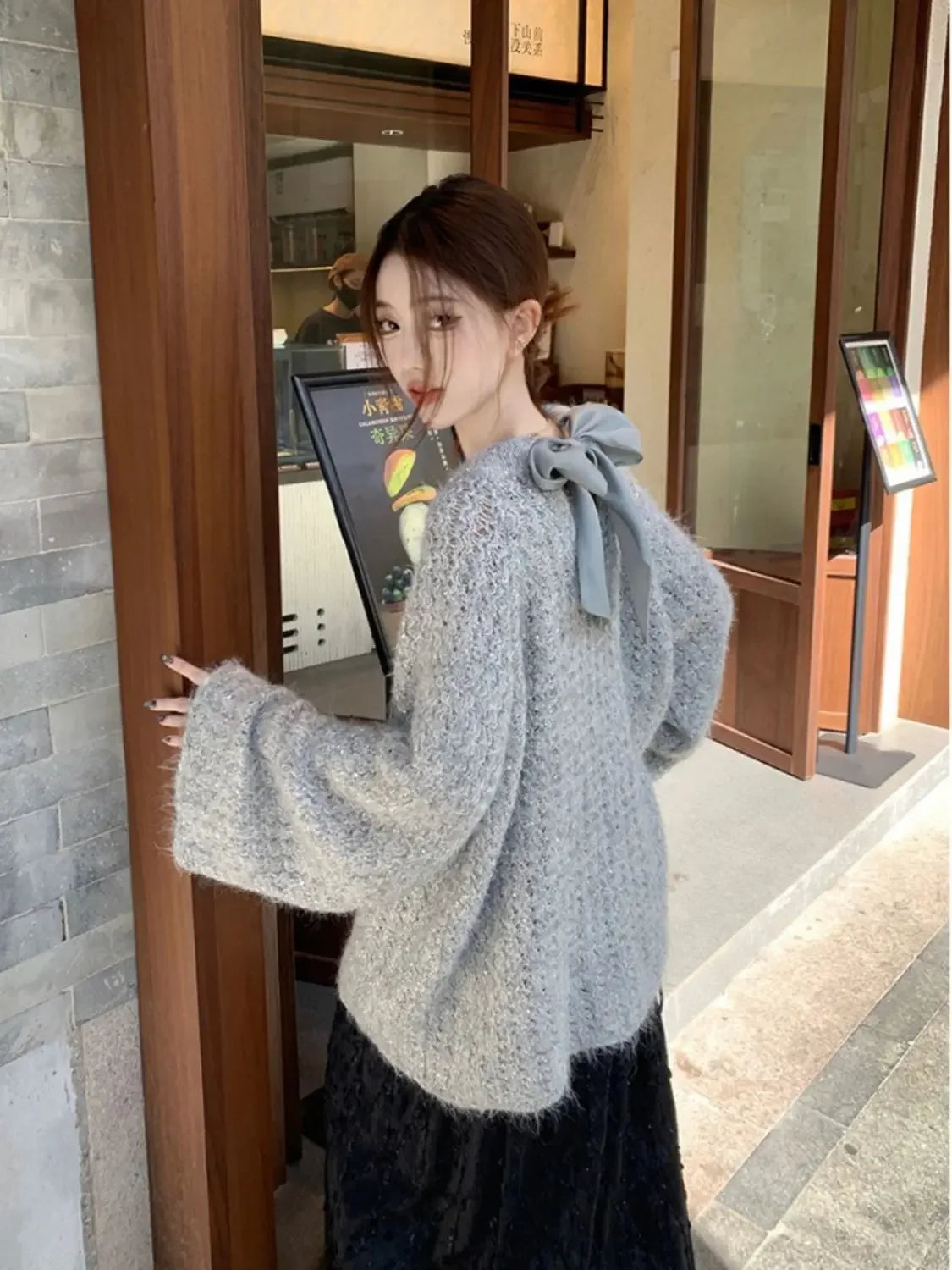 Sweater Women Sweet Bow Round Neck Casual Knitted Sweaters Korean Fashion Gentle Solid Color Casual Long Sleeve Top