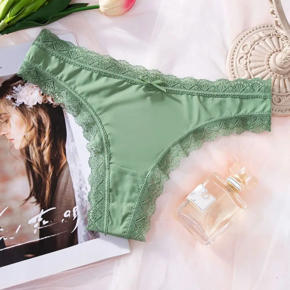 Comfortable Seamless Ice Silk Panties Cotton Crotch Low Waist Lace Bow Briefs Underpants Underwear Women's Summer Panties Lady