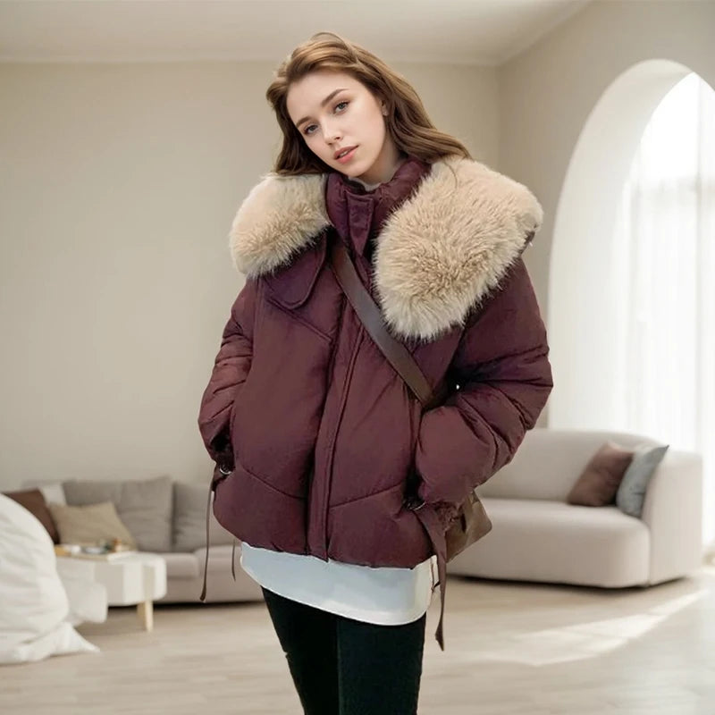 Winter Cotton Jacket For Women Solid Color Loose Simple Long Sleeved Warm Thick Jacket Fashion Lapel Pocket Long Sleeves Coat