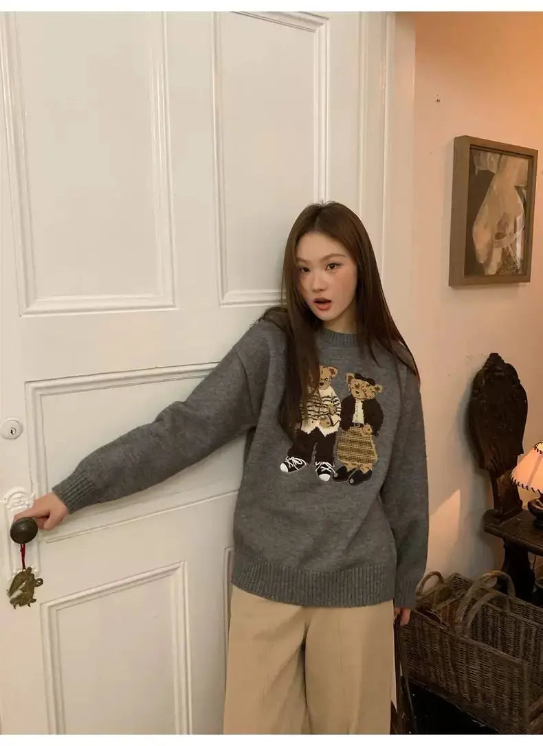 Sweater cartoon small bag core yarn needle retro women's  loose round neck knitted sweater new print black