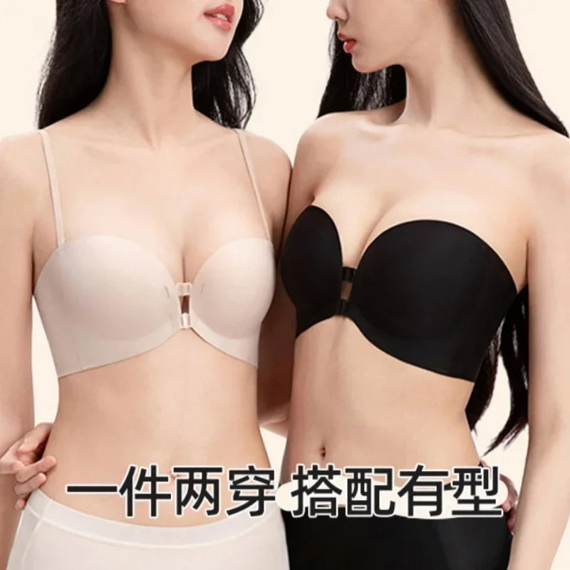 Double Front-buttoned Strapless Bra for Women, Invisible, Anti-slip, Strapless and Backless, with A Close-in Top Support Bra