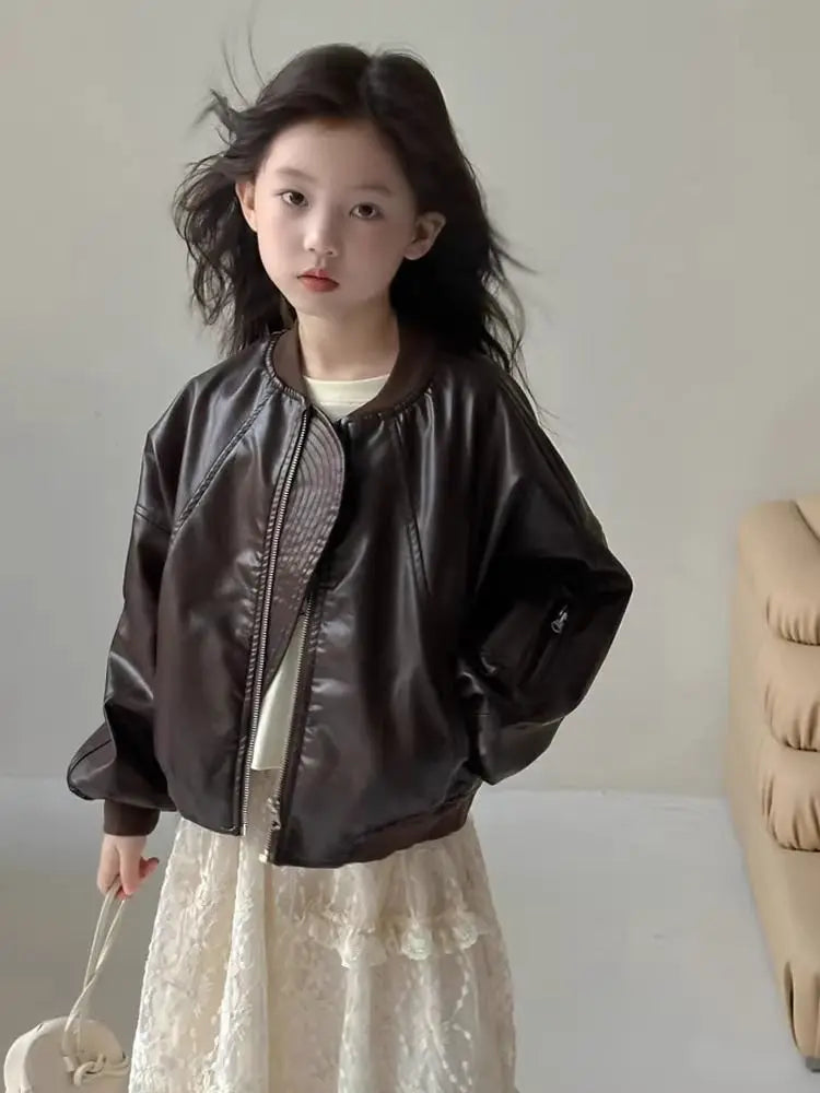 Girls' outerwear Spring and Autumn 2025 New Fashionable Outerwear Short Leather Jacket Autumn Clothing for Children