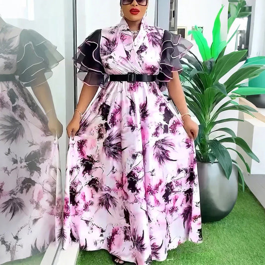 Elegant Printed Dresses for Woman V Neck Ruffles Sleeve Belt Waisted Ankle Length Luxury Birthday Party Dinner Vestidos Mujer