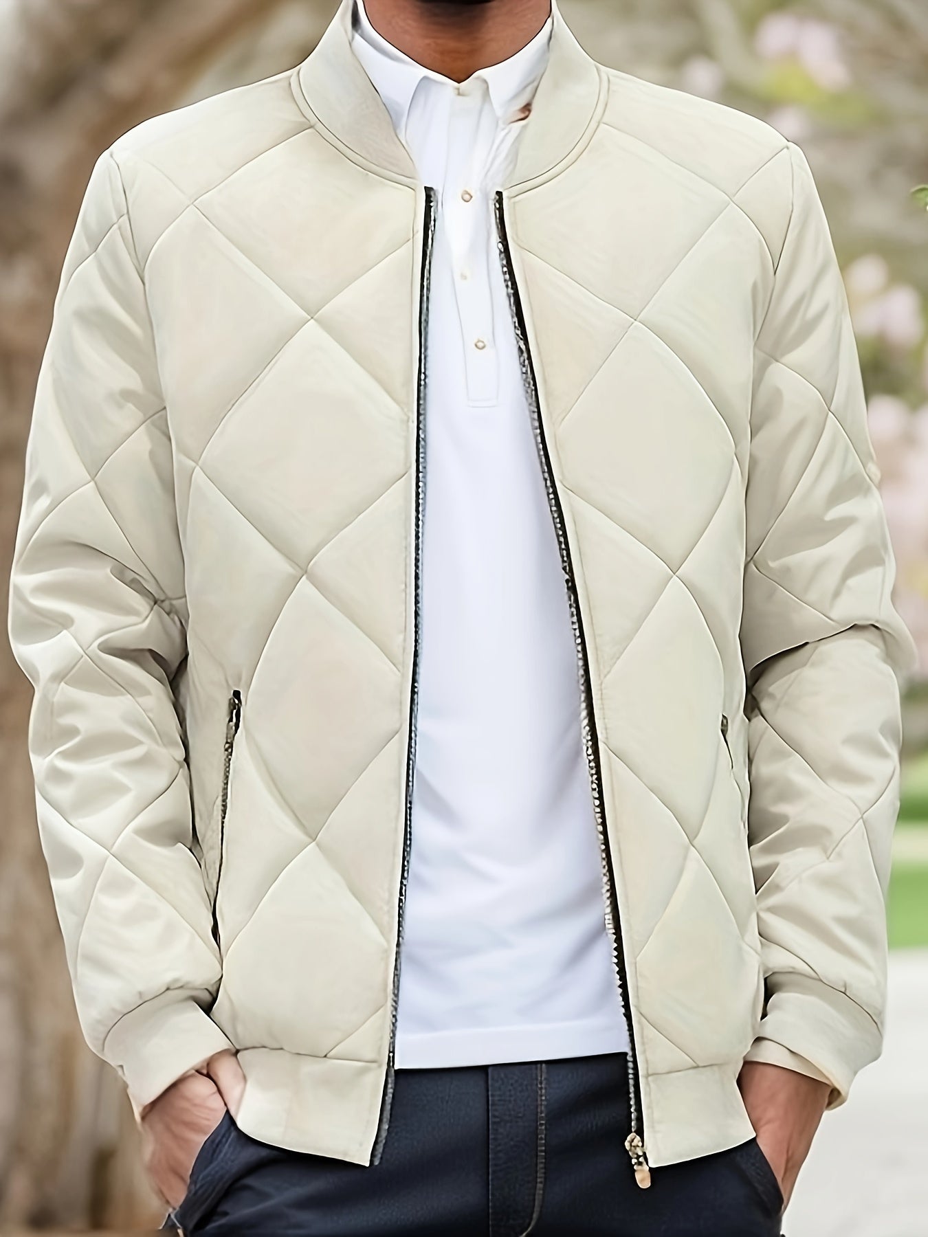 Cozy Fleece Winter Jacket - Quilted, Baseball Collar, Zipper Pockets, Water-Resistant, Breathable, Soft, Men's Casual Coat for Outdoor Activities