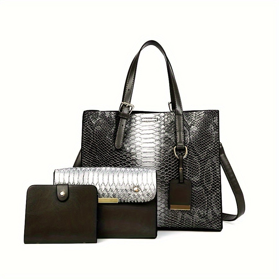 [Vintage Crocodile Handbags] 3-Piece Set Stylish Women's Faux Leather Handbags, Crocodile Pattern Tote With Matching Clutch & Wallet, Vintage Design Crossbody Bag