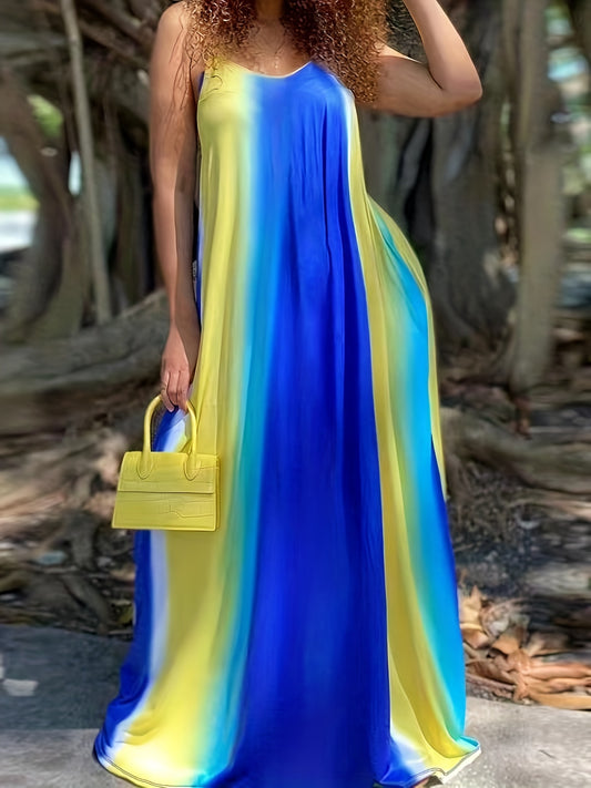 [Plus Size Maxi Dress] Elegant Plus Size Tie Dye V Neck Loose Cami Maxi Dress, Women's Slight Stretch Long Dress