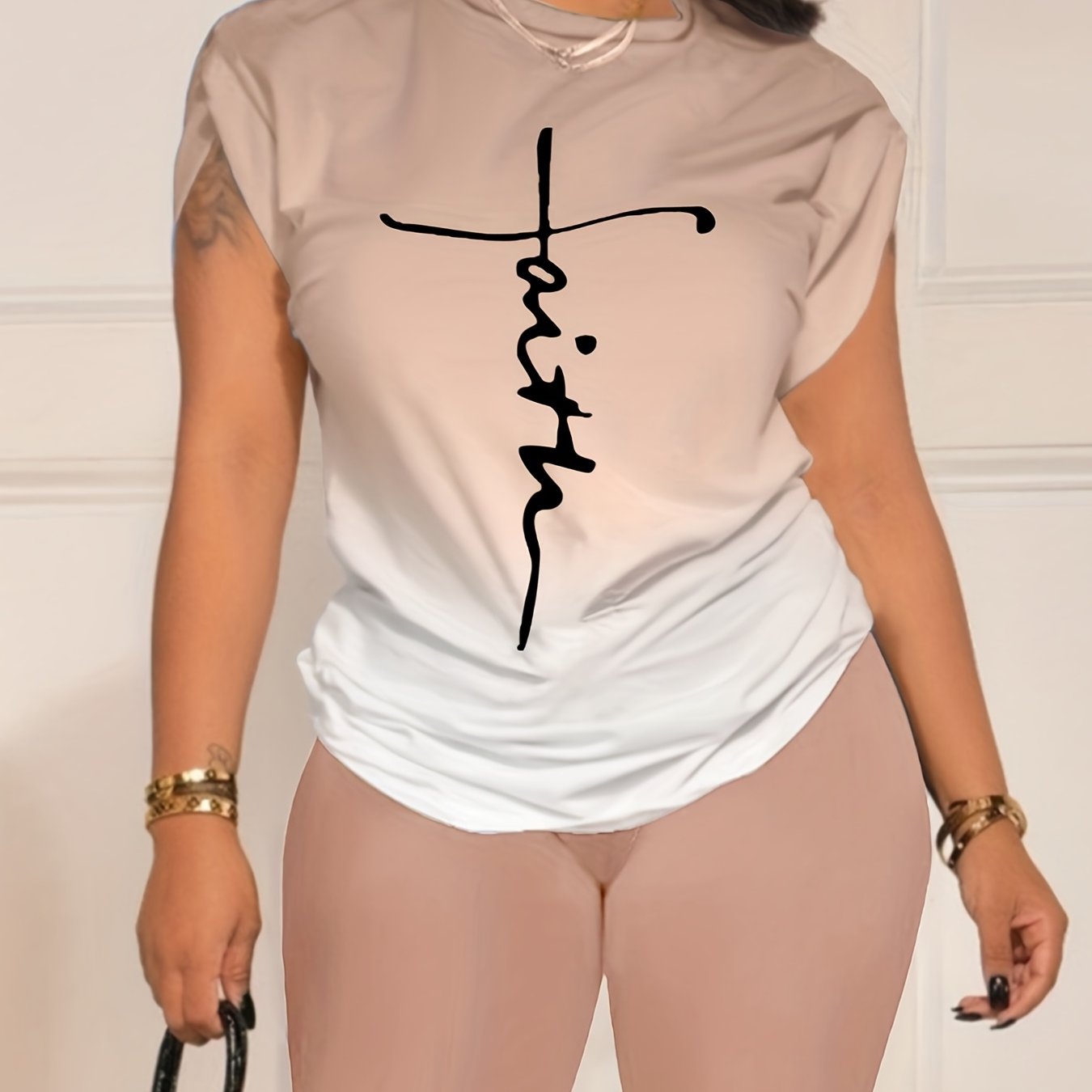 Casual Daily Two-piece Set, Faith Letter Print Short Sleeve Tops & Solid Shorts Outfits, Women's Clothing