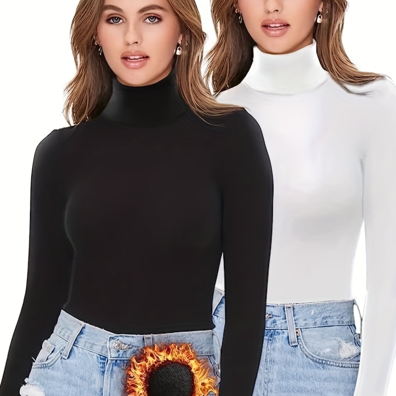 2-Pack Women'S Warm High Neck Turtleneck Long Sleeve Shirts, Casual Solid Color Knit Fabric Tops, Polyester 90% Spandex 10%, Regular Length for Fall/Winter