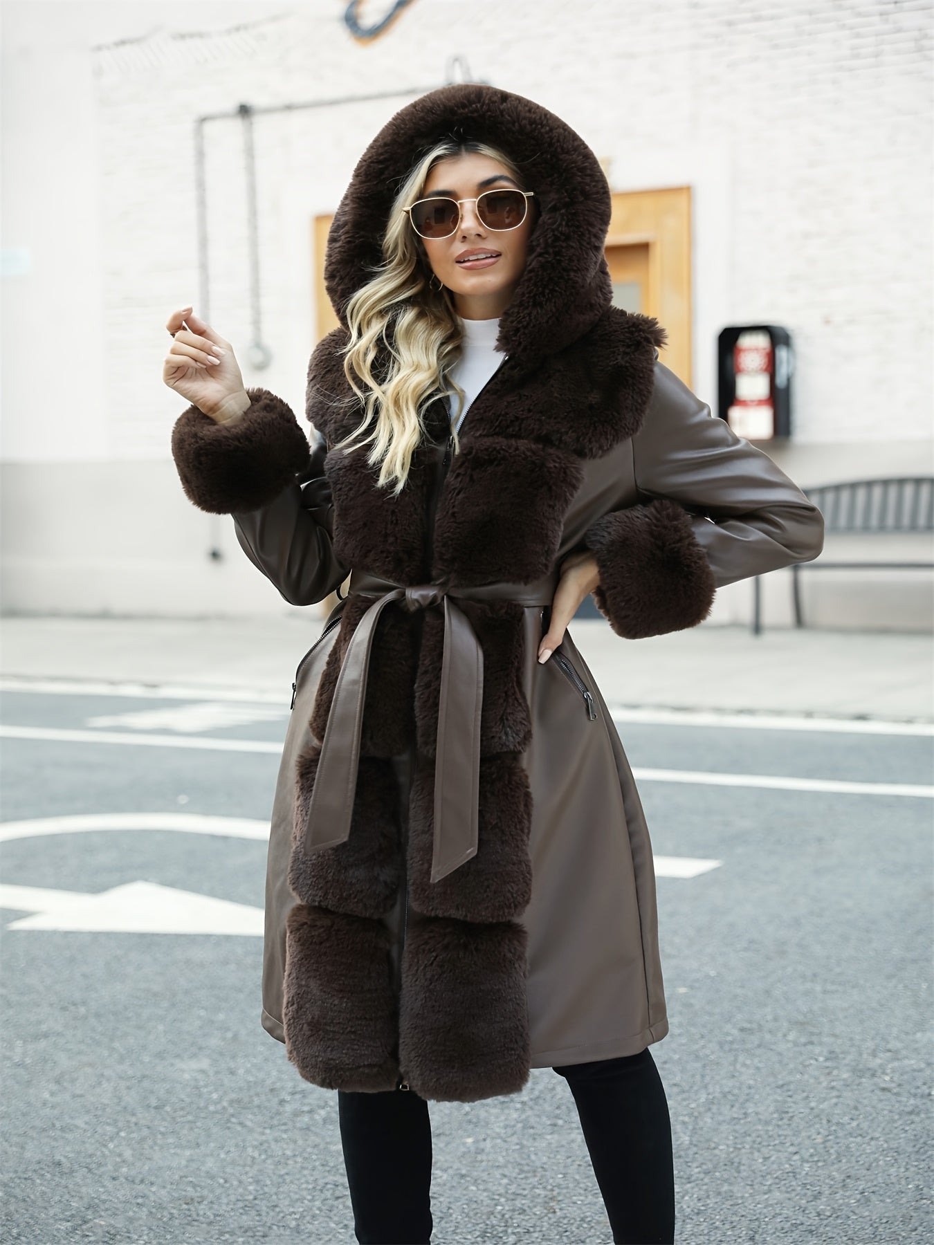 Women's Elegant Faux Fur-Trimmed PU Leather Hooded Coat - Warm Long Winter Jacket with Belt, Brown, Casual Fall/Winter Outerwear, Winter Coat