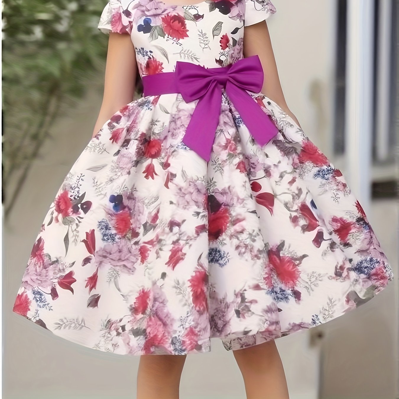 Children Eden Girls' Elegant Rose Floral Print A-Line Party Dress with Ruffled Short Sleeves & Ribbon Bow - Pink & Beige Floral Print, Slim-Fit Waist, Machine Washable, All-Season Wear for Weddings, Easter, Birthdays (Ages 3-